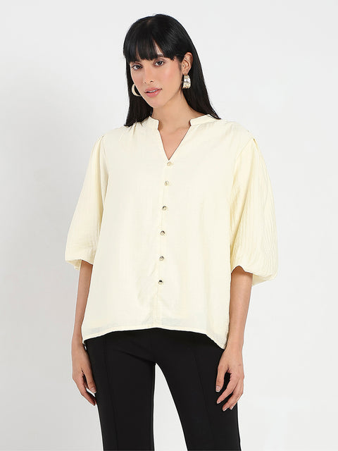 Madame Textured Ruffle Neck Rayon Blend Off White Top