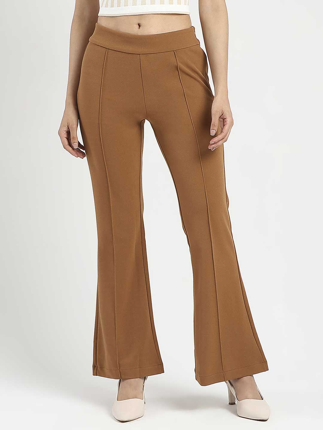 Madame Side Zipper Flared Coffee Brown Knitted Moss Trousers color swatch