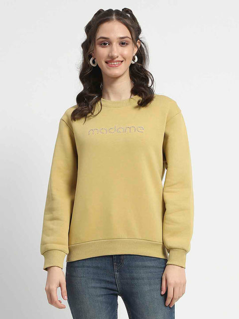 Madame Fleece Handwork And Embroidered Golden Yellow Sweatshirt For Women
