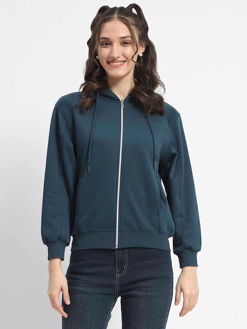 Madame Zip and Hooded Solid Peacock Cotton Sweatshirt