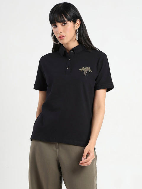 Madame Embellished Cotton Blend Black Polo T-shirt