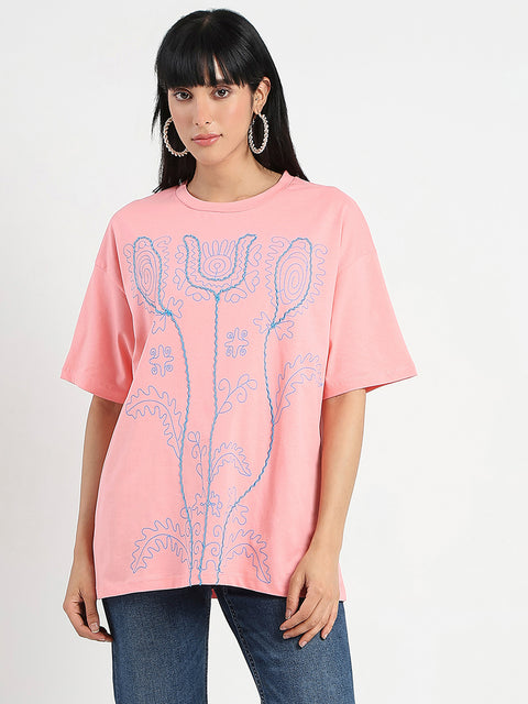Madame Floral Print Oversize Fit  Peach Cotton T-shirt
