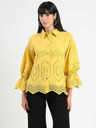 Madame Schiffli Mustard Yellow Cotton Shirt