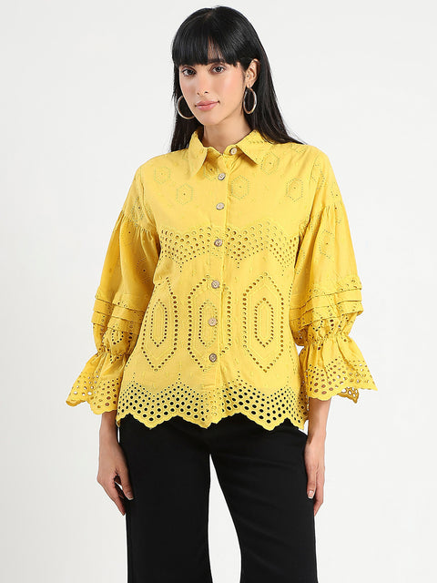 Madame Schiffli Mustard Yellow Cotton Shirt