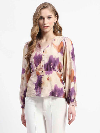 Madame Floral Print Button-Up Nylon Blend Top