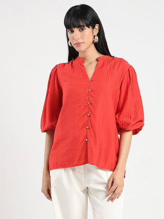 Madame Textured Ruffle Neck Rayon Blend Red Top
