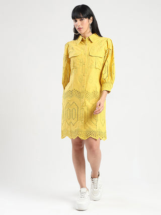 Madame Schiffli Mustard Yellow Midi Shirt Dress