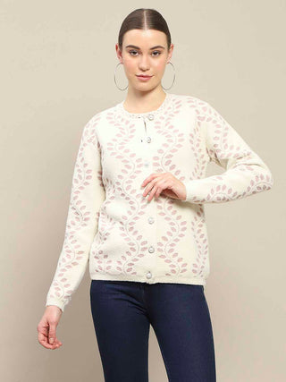 Madame Self Design Pearl Buttoned Off White Cardigan
