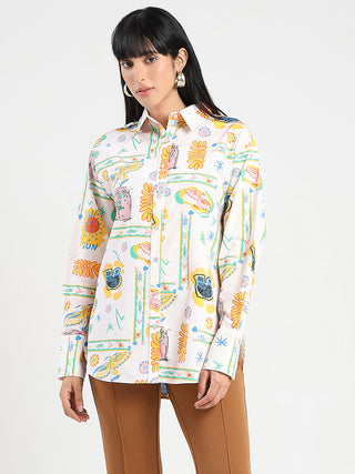 Madame All Over Print Beige Cotton Blend Shirt