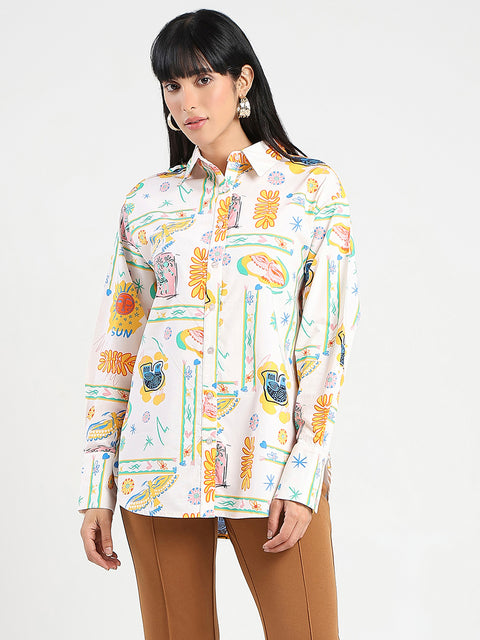 Madame All Over Print Beige Cotton Blend Shirt