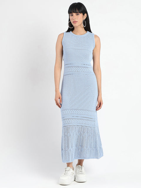 Madame Textured Panels Geometric Hem Sky Blue Maxi Dress