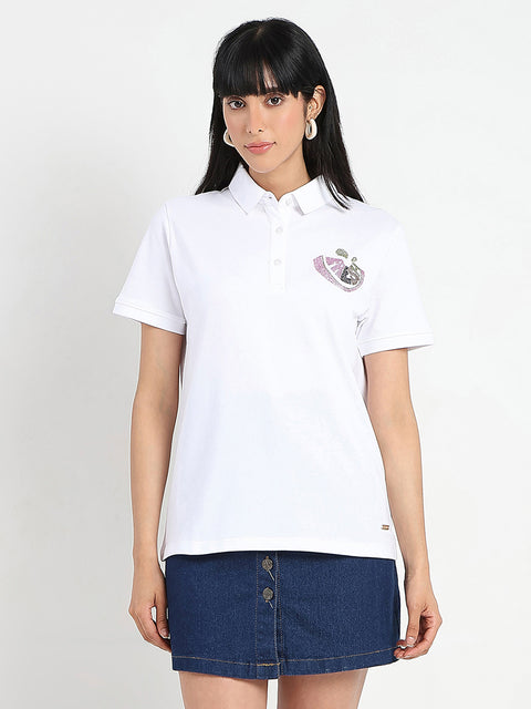 Madame Graphic Print Adorned Cotton Blend White Polo T-shirt