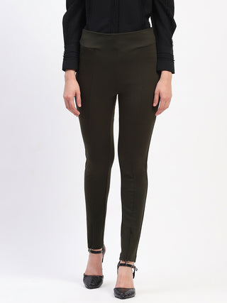 Madame Pleated Solid Olive Straight Trousers