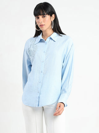 Madame Botanical Embroidery Blue Rayon Blend Shirt