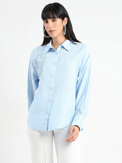 Madame Botanical Embroidery Blue Rayon Blend Shirt