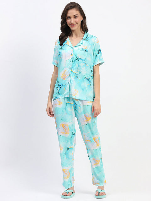 mSECRET Marble Print Button Down Aqua Night Suit
