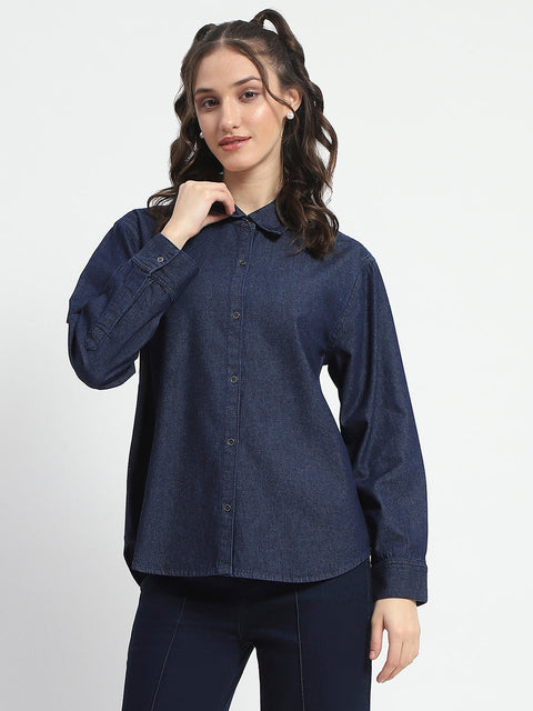 Madame Blue Wash Solid Blue Button Down Denim Shirt