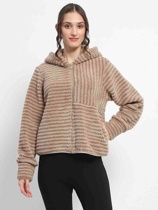 Madame Faux Fur Self Design Brown Sweatshirt