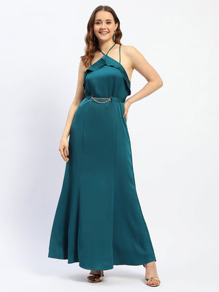 Madame Halter Neck Metal Accented Belt Teal Maxi Dress