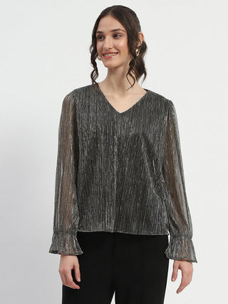 Madame Ruffle Sleeve Black Shimmery Top