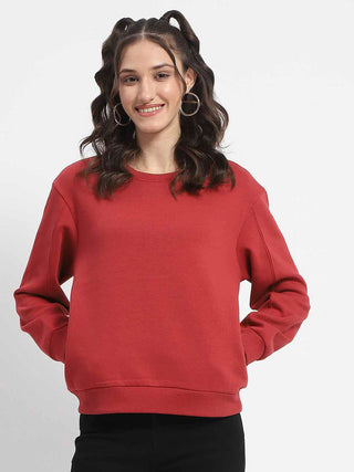 Madame Solid Brick Crew Neck Cotton Sweatshirt