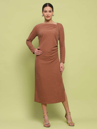 Madame Front Ruched Self Design Rust Red Knit Maxi Dress