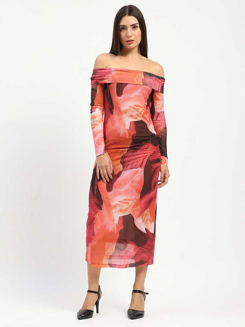 Madame Abstract Print Off Shoulder Semi Sheer Orange Maxi Dress