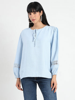 Madame Tie Neck Powder Blue Rayon Blend Top