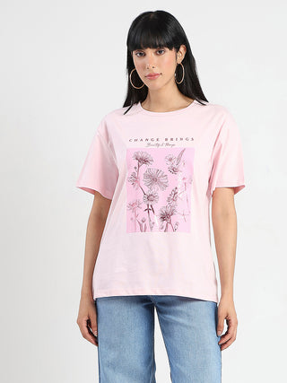 Madame Graphic Foil Print Handwork Detail Pink Cotton T-shirt