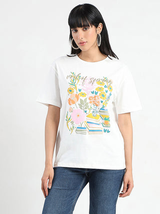 Madame Embroidered and Printed White Cotton T-shirt