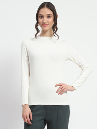 Madame High Neck Full Sleeve Solid White Top