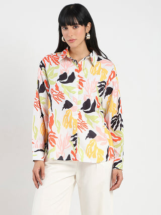 Madame Abstract Print Buttoned Off White Linen Shirt