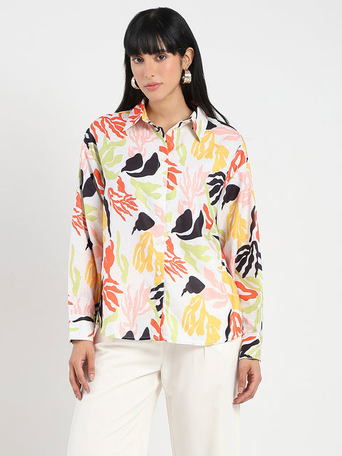 Madame Abstract Print Buttoned Off White Linen Shirt