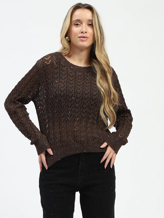 Madame Shimmer Detailed Crochet Crew Neck Knitted Coffee Brown Top