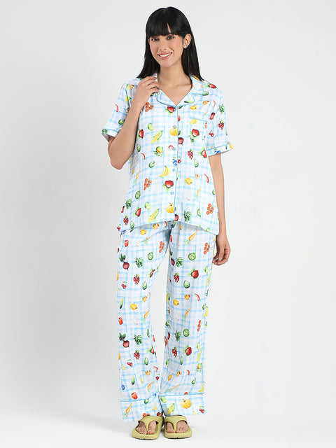 mSECRET Graphic Print Chequered Top and Bottoms Blue Nightsuit