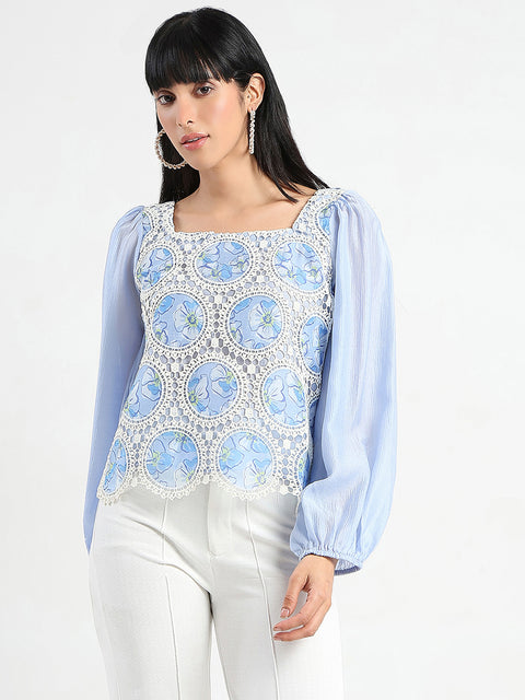 Madame Printed Powder Blue Tencel Blend Crochet Top