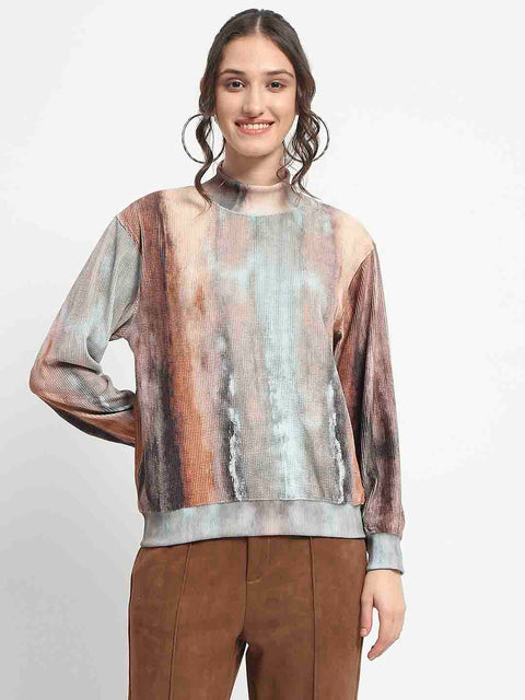 Madame Marble Print Full Sleeve Mock Neck Brown Top