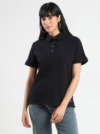 Madame Collared Solid Black Cotton Blend Polo T-Shirt