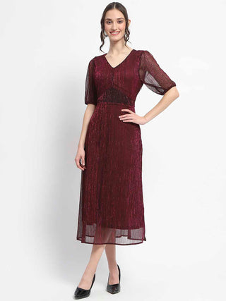 Madame Shimmery Corset Detailed Puff Sleeved Plum Midi Dress