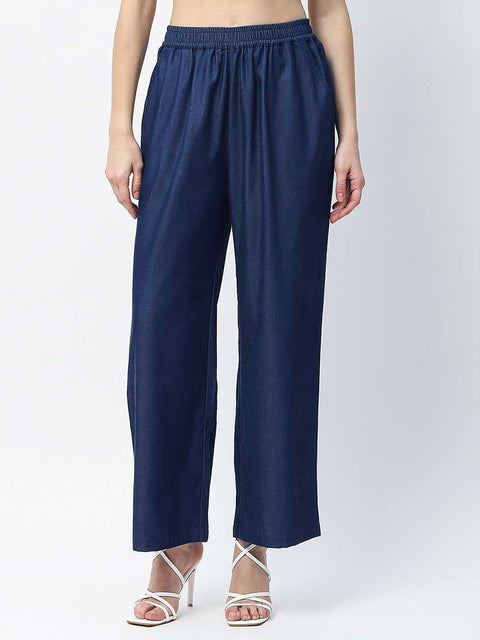 Madame Wide Leg Navy Blue Cotton Blend Trousers
