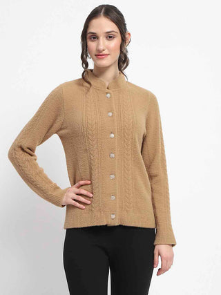 Madame Button Down Cable Knit Solid Khaki Cardigan