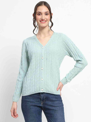 Madame Cable Knit Self Design Solid Mint Green Acrylic Cardigan
