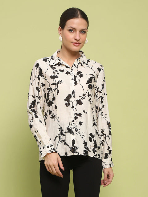 Madame Floral Print Buttoned Front Collared Off White Shirt