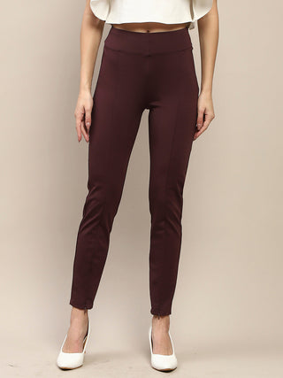 Madame Pleated Solid Wine Red Rayon Blend Jeggings