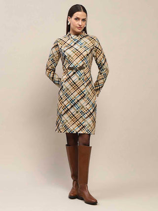Madame Front Buckle Detailed Check Printed Beige Midi Dress