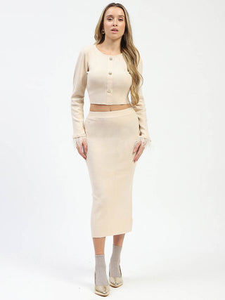 Madame Fur Sleeve Bodycon Beige Knit Co-ord Set