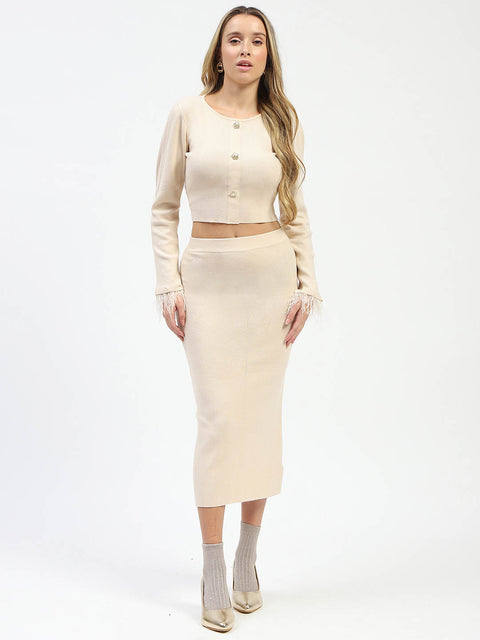 Madame Fur Sleeve Bodycon Beige Knit Co-ord Set