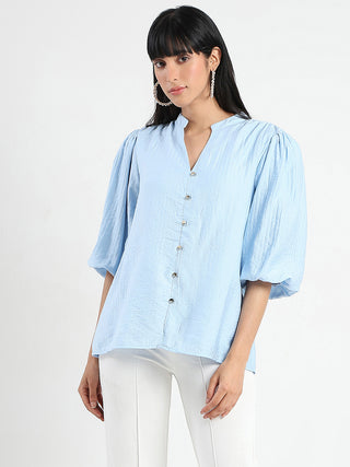 Madame Textured Ruffle Neck Rayon Blend Blue Top