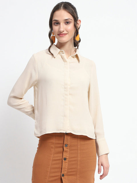 Madame Embellished Button Down Solid Beige Shirt Collar Shirt