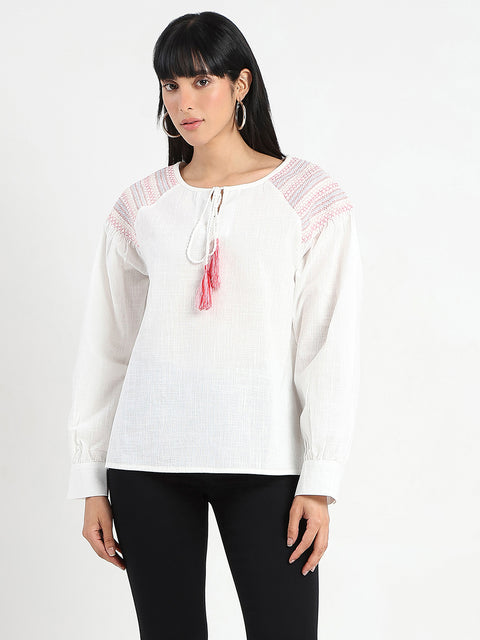 Madame Tie Neck Cotton Blend White Top